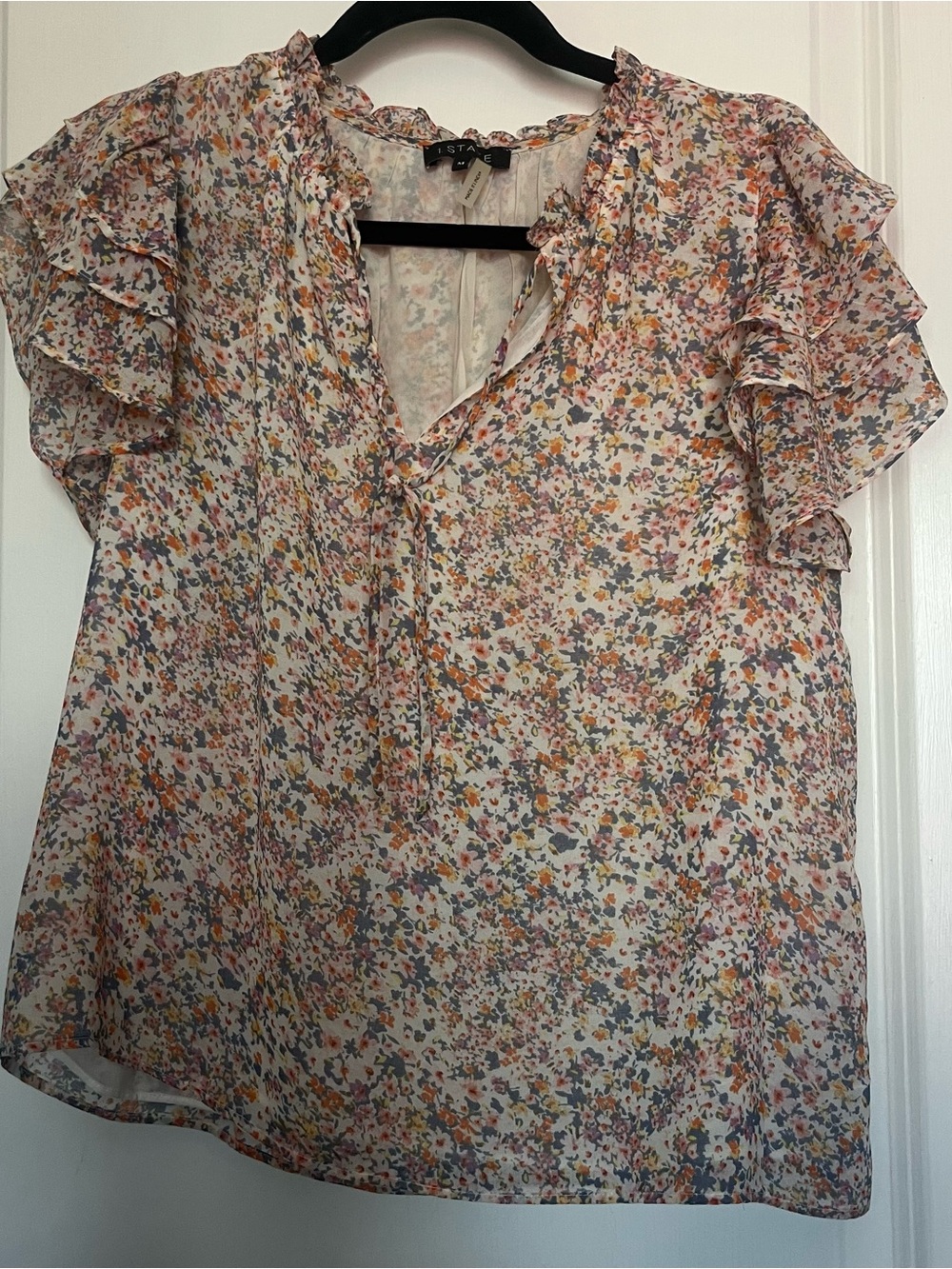 1. State Sheer Floral Ruffle Sleeve Blouse - Pink, Yellow, Gray